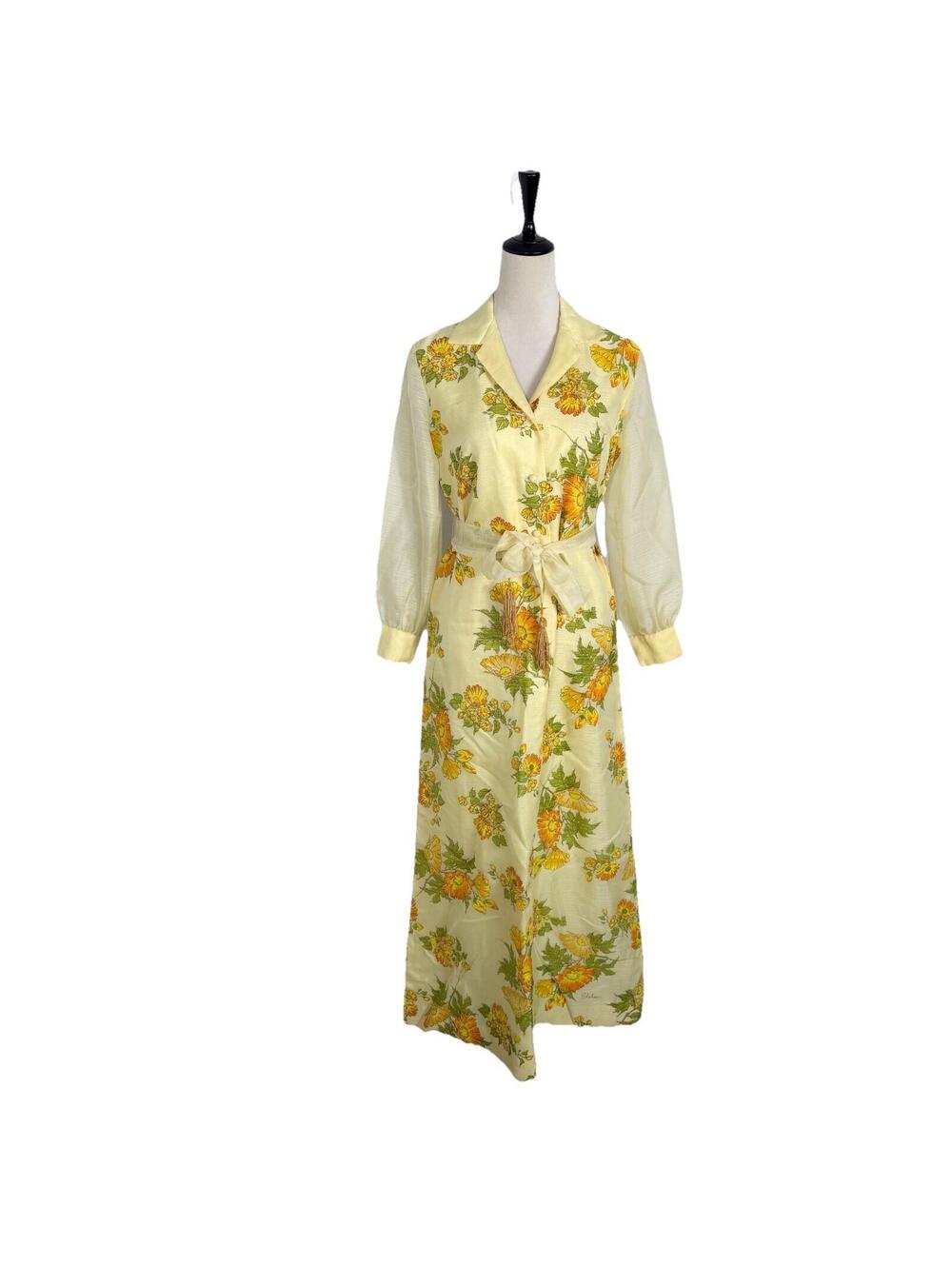 VTG 1970s Mod Hippie Dress Long Chiffon Gold Floral Formal Hostess Gown Size 8